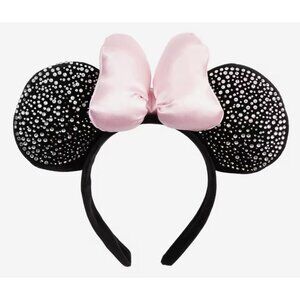 MINNIE MOUSE Plush Black MOUSE EARS Headband RHINESTONES/Crystals & PINK BOW NEW